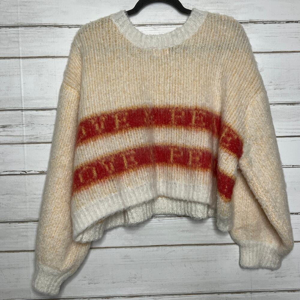 POL Fuzzy Striped Sweater Size Small Cream Red Cropped Oversized Knit Pullover - Picture 4 of 10